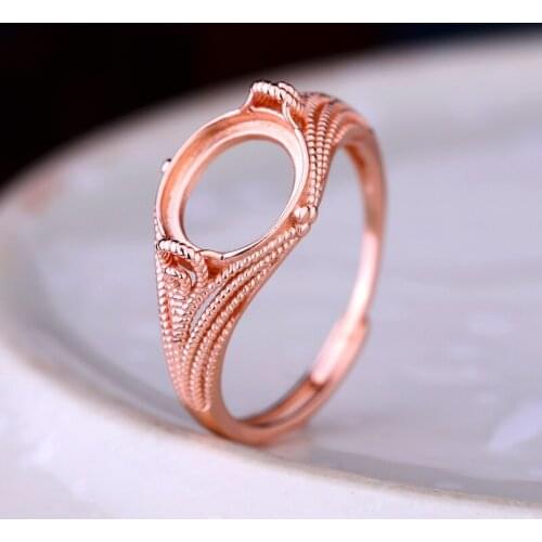 925 Sterling Silver Women Engagement Ring 8x10mm Oval Cabochon Semi Mount Ring fit Amber Agate Gemstone Setting Adjustable