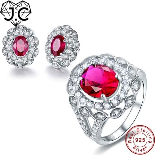 J.C Women Lady Oval Sparkling Luxury Ruby White Topaz Ring & Earring Genuine Solid 925 Standard Sterling Silver Jewelry Set