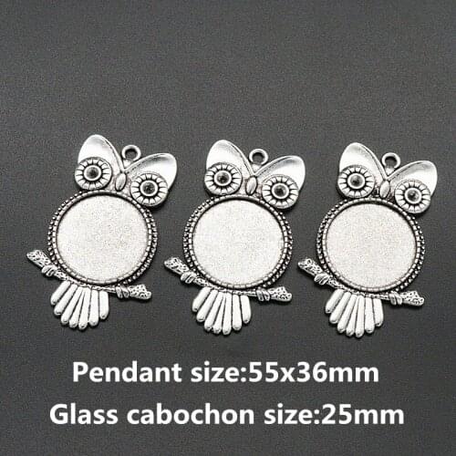 10pcs Owl Antique Silver plated Necklace Pendant Setting Cabochon Cameo Base Tray Bezel Blank Fit 25mm glass cabochon