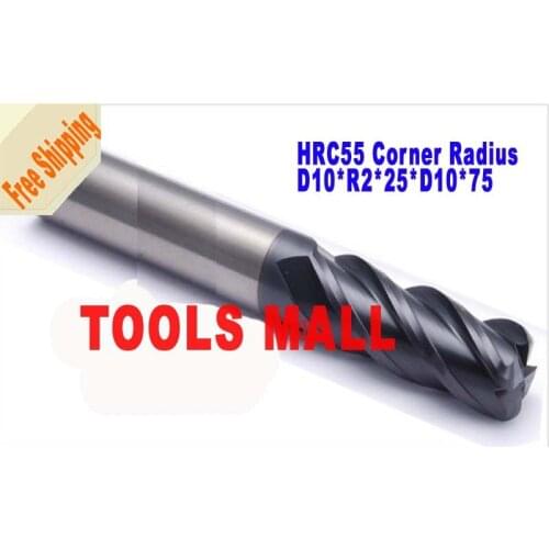 Free shipping - 2pcs 10mm 4Flutes corner Endmill Radius Spiral Bit Milling Carbide CNC Router bits hrc55 D10*R2*25*D10*75
