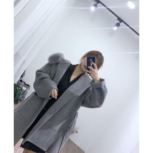 2021 Women Double Side Wool Coat Big Fox Fur Collar removable Overcoat Long Cashmere Hooded Outerwear