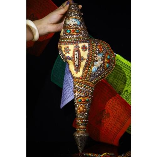 21" Tibet Temple Collection Old Natural conch mosaic Gem Dzi Bead Snail Bat statue Dharma Ornaments Town House Exorcism