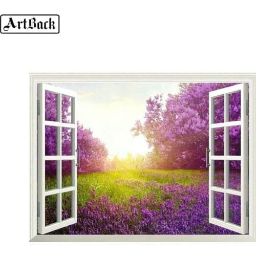 5d diy diamond painting window landscape full square diamond mosaic purple flower pattern home decoration sticker