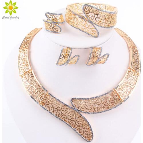 African Beads Jewelry Set Blue/Green/Purple/Red Crystal Beads Gold Color Necklace Set Nigerian Wedding African Jewelry Set