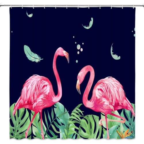 Watercolor Flamingo Shower Curtains Bathroom Decor Beautiful Bird Tropical Plants Green Leaf Home Bathtub Polyester Curtain Set