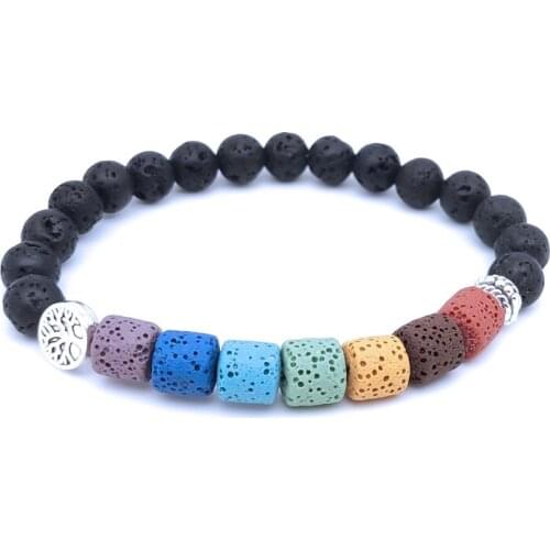 Women Men Healing Seven Chakras Bracelet Tree of Life Cylinder Colourful Lava Stone Black Beads Buddha Yoga Strand Jewelry