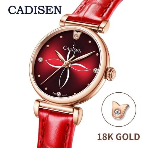 CADISEN New 18K GOLD Woman Watch Luxury Brand Female Wristwatch 30M Waterproof Fashion Red Belt Gold Quartz Watch Gift For Women