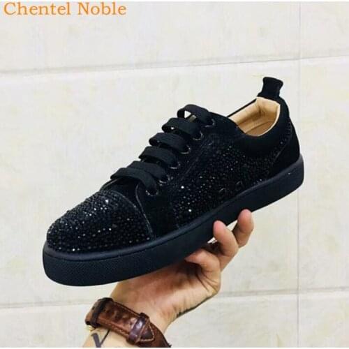 Chentel Noble Flock Men Casual Shoes Party Shoes Men Flats Sole Sneakers Bling Crystal Lace-Up Black Color Large Size Unisex