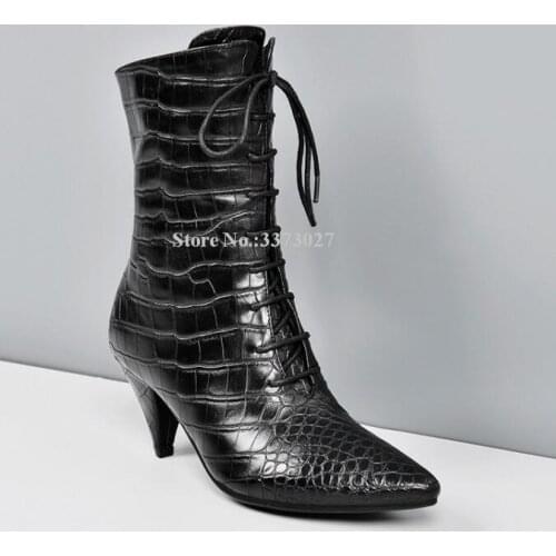 Black Crocodile Leather Spike Heel Short Boots Women Sexy Pointed Toe Lace-up Fashion Low Heel Ankle Boots Ladies Best Design
