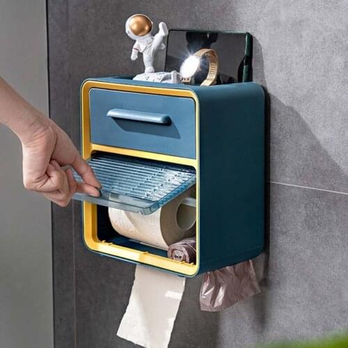 Double Layer Toilet Paper Holder Storage Box Rack Wall Mounted Waterproof Bathroom Tissue Holder Organizer Shelf With Drawer