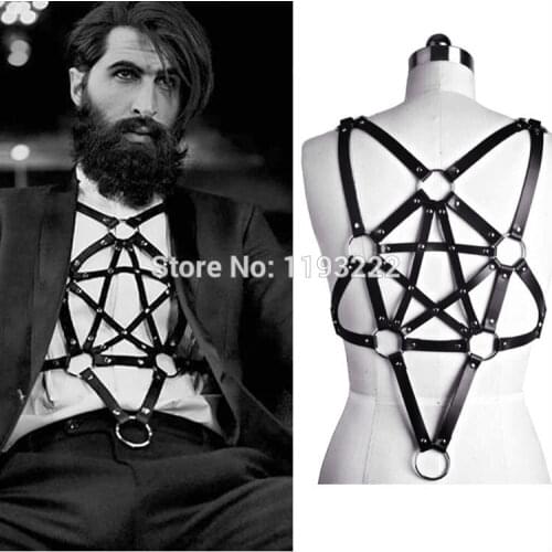 Unisex Handmade Fashion Leather Stars Garters Pentagram Body Bust Harness Bondage Belt Black Harness
