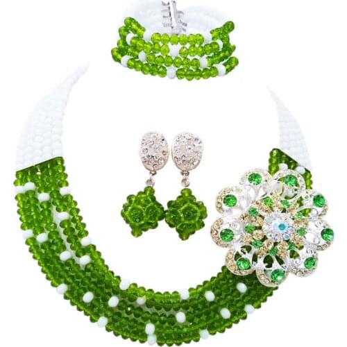 Fashion White Olive Green Costume Statement Necklace African Wedding Beads Nigerian Jewelry Beds Set 5L-ZJ021
