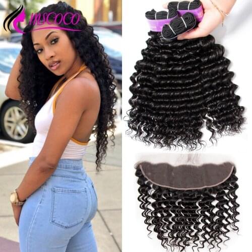 Mscoco Hair Deep Wave Bundles with Frontal Remy Brazilian Human Hair Weave 3 Bundles HD Transparent Lace Frontal With Bundles