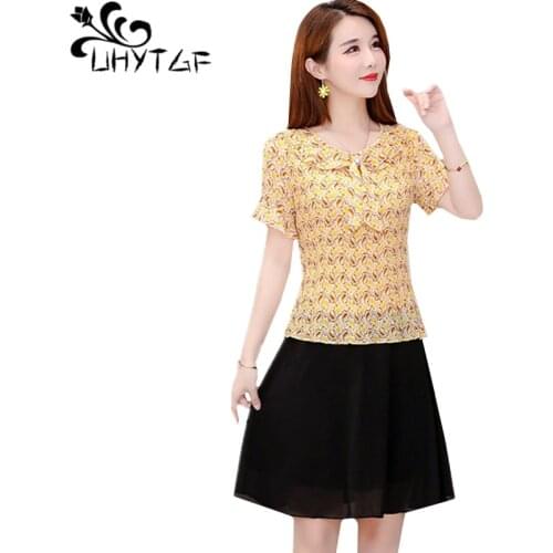 UHYTGF dress women fashion Printed chiffon summer dresses O neck pullover splice elegant dress Korean 5XL plus size dresses 1068