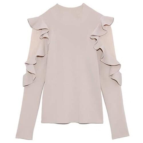 Neploe O Neck Pullover Long Sleeve Knit Sweater Women Ruffles Patchwork Slim Fit Pull Femme Spring 2021 New Sueter Mujer