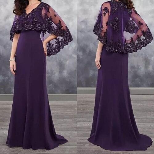 On Sale 2021 Elegant Purple Lace Mother of the Bride Dresses with Shawl V Neckline Beaded Wedding Party Dresses Sweep Train