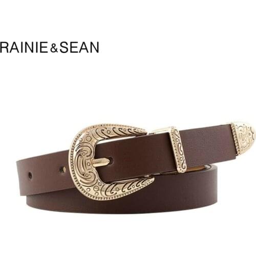 RAINIE SEAN Leather Women Belt Coffee Belts for Women Pu Leather Vintage Engrave Brand Ladies Leather Belts for Jeans