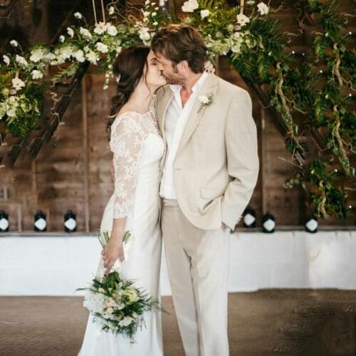 Wedding Ivory Men Suits Summer Beach Groom Tuxedo Man Blazers Coat Pants Peaked Lapel Terno Masculino Evening Party 2 Pieces