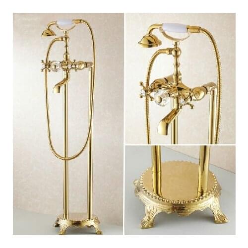 High Quality total brass Gold Floor Standing Telephone Style Clawfoot bath and shower faucet set shower bathtub faucet