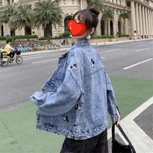 Disney Mickey Mouse Women Denim Jackets Autumn Cartoon Jeans Coat Female Pockets Clothes Oversized Casual Solid Streetwear Tops