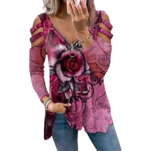 T-shirt Short T-shirt Ladies Fashion Tshirt Women Blouse Rose Print V Neck Lady Hollow Out Long Sleeve Zipper T-shirt Streetwear