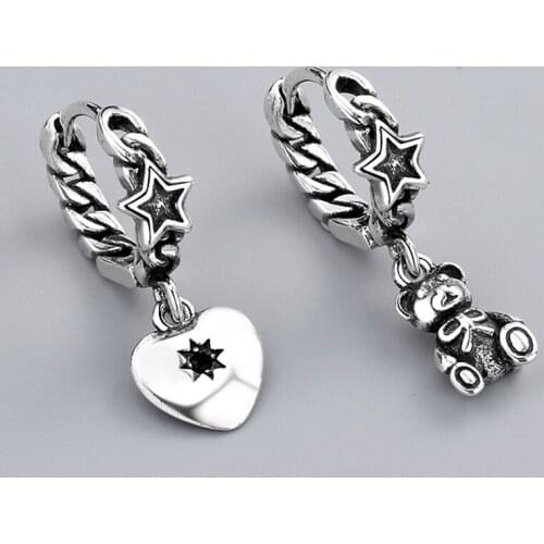 Bear Love Heart Star Asymmetric Long Hoop Earrings For Women Thai 925 Sterling Silver Luxury Vintage Circle Earrings Jewelry
