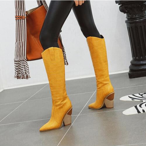 Yellow Faux Leather Cowboy Knee high Boots Women Wedge High Heels Fashion Bottes Pointed Toe Chunky Western Cowgirl Boots Winter