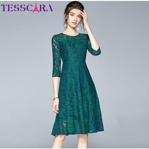 TESSCARA Women Autumn Elegant Lace Dress Festa High Quality Office Cocktail Party Robe Femme Vintage Designer A-Line Vestidos