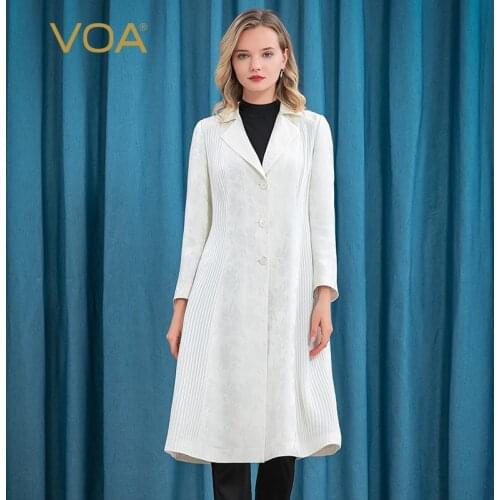 VOA Silk 38m/m Coats Women Heavy Dark Jacquard Suit Collar Bump Tucker Pleat Stitching Single-breasted Wild Windbreaker FE16