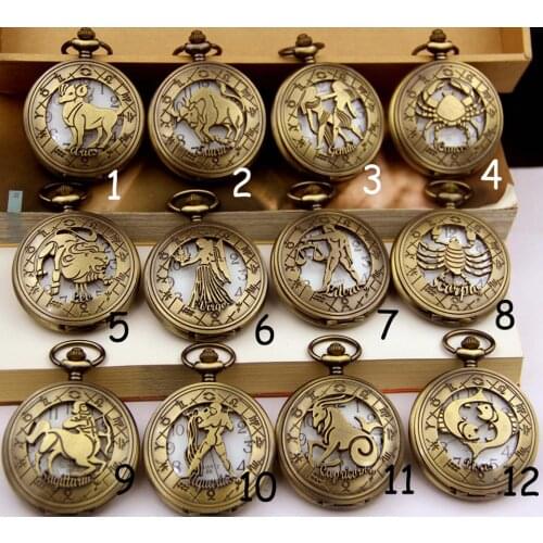 1170) 12 pcs/lot (1 pcs each)Vintage bronze Zodiac Pattern Pocket Watch Twelve Constellations Men Women pendant necklace