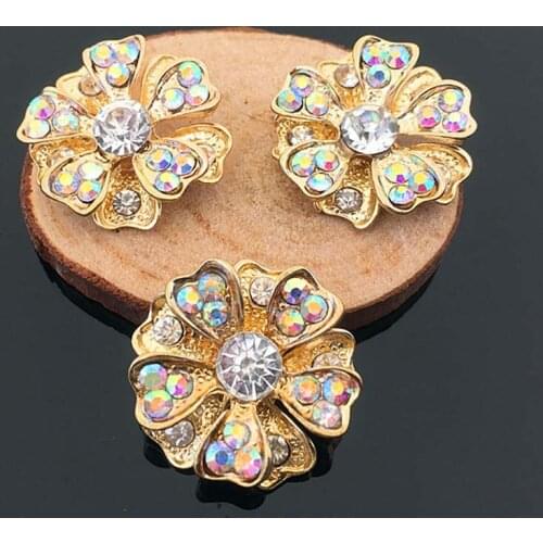 2016New 60Pcs 25mm AB Rhinestone Gold Flower Flatback Button for DIY Wedding or Hair Sewing Craft Accessory HZ86