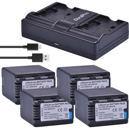 4X 3600mAH VW-VBK360 VW VBK360 Camera Battery +USB Charger for Panasonic HDC-HS80 SD40 SD60 SD80 SDX1 SDR-H100 H85 H95 HS60 HS80