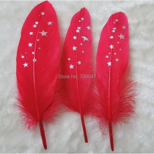 50Pcs/lot!15-20cm-Red Goose Satinettes Feathers with Silver Five-pointed Star Painting,New Fashion Craft Feathers for Millinery