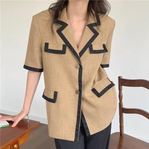 Vintage French Style Loose Casual V-Neck Single-Breasted Short-Sleeved Blazer Hot 2021 Fashion Korean Gentle Solid Color Blazer