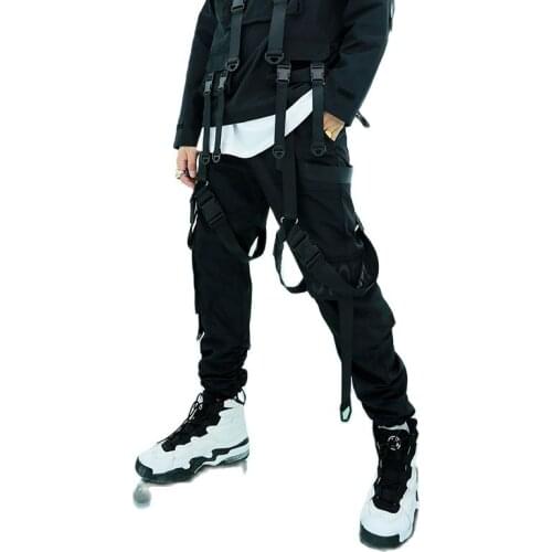 Newest spring autumn men ribbons multi buttons pockets punk cargo pants street wear mens hip hop casual joggers tactical pants