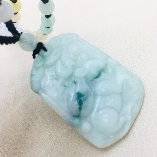 Pure natural Emerald jade Hand-carved large two-color zodiac mouse pendant with emerald three-color bead necklace sweater chain