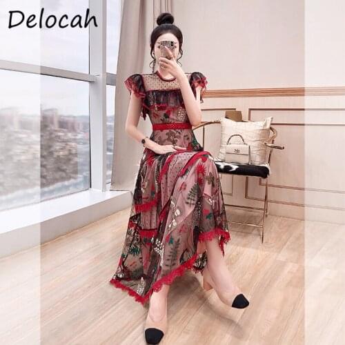Delocah Summer Women Fashion Runway A-Line Dress Short Sleeve Embroidery High Waist Ladies Mesh Party Midi Dresses vestidos 2021