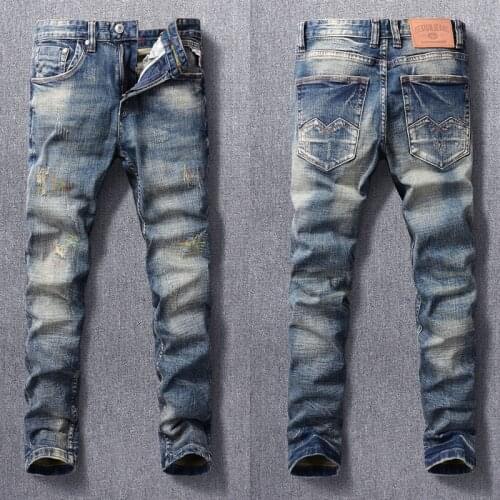 Italian Style Fashion Men Jeans Retro Blue Elastic Slim Ripped Jeans Men Embroidery Designer Vintage Stretch Casual Denim Pants