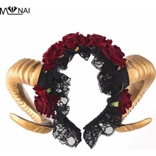 Steampunk Ram Horns Headband Cosplay Fantasy Fancy Dress Sheep Goat Animal Red Rose Crown Headpieces Costumes Accessories