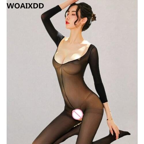 Deep V Erotic lingerie bodysuit Women open crotch bodystocking Ladies body stocking Perspective Silk Nightwear Sexy Teddies