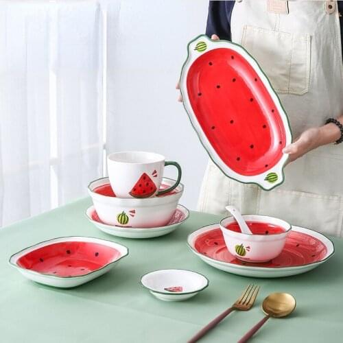 Watermelon Ceramic Tableware Cute Girl Rice Bowl Soup Bowl Salad Bowl Household Creative Plate Dishes Spoon