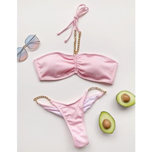 2021 HOT Chain Thong Swimwear Women Sexy Bandeau Bikini Push Up Maio Biquini Badpak Dames Mujer Banador Bathing Monokini Femme