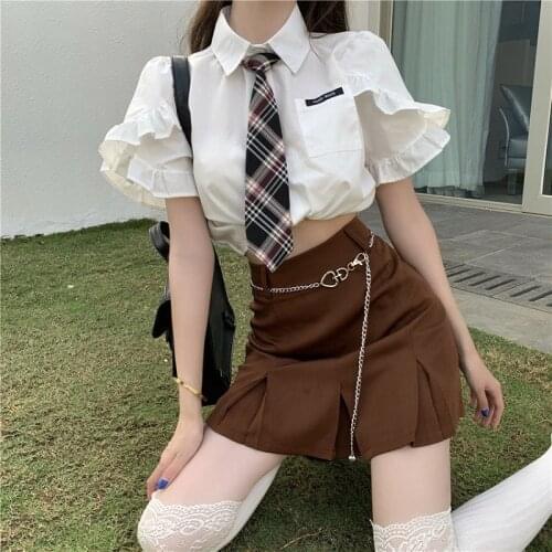 Fashion high waist pleated skirt women streetwear summer new style Korean vintage brown sweet mini skirt Harajuku A-line skirt