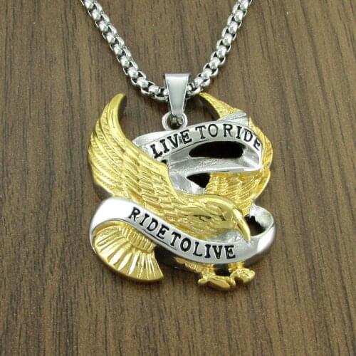 Mens Eagle Live to Ride / Ride to Live Silver color Golden Plated color 316L Stainless Steel Pendant Chain Punk Rider Jewelry