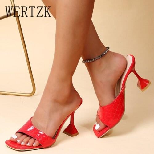 2021 New Brown Serpentine Slippers Cozy Cup Heel Shoes Woman Sandals Sexy Square Open Toe Party High Heels shoes