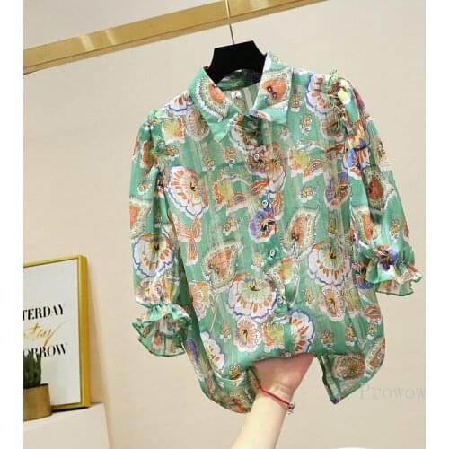 Lapel Half Sleeve Button Up Shirt Women Bright Silk Chiffon Floral Print Shirt 2021 Summer Ladies Tops Loose Shirts Tops Mujer