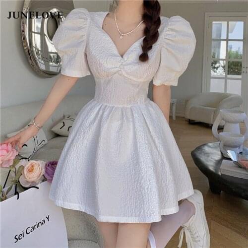 JuneLove French V-Neck Elegant Dress Women Short Puff Sleeve High Waist Solid 2021 Summer Chic Female Fashion Party Vestidos