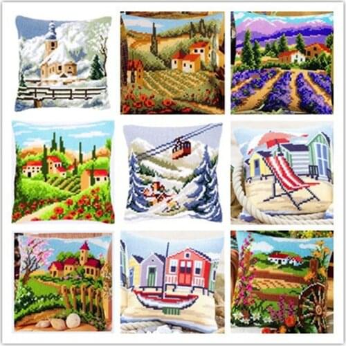 Cross Stitch Pillow Mat DIY Craft Rural 42CM by 42CM Latch Hook Kit Needlework Crocheting Cushion Embroidery