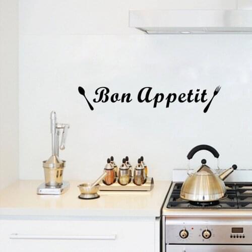 Bon Appetit With Spoon And Fork Wall Sticker French Quote Wall Decals Kitchen Decoration Waterproof Removable Home Decor Poster