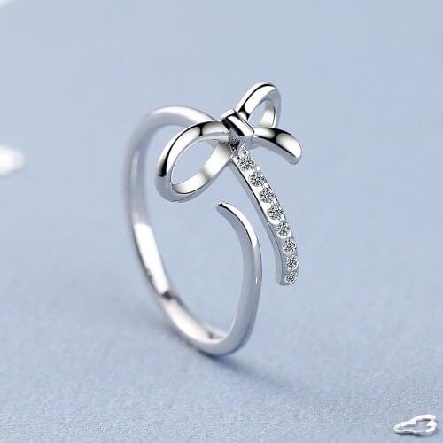 Simple Female Ring 925 Sterling Silver Bowknot Inlaid Cubic Zircon Opening Rings for Women Promise Love Engagement Rings